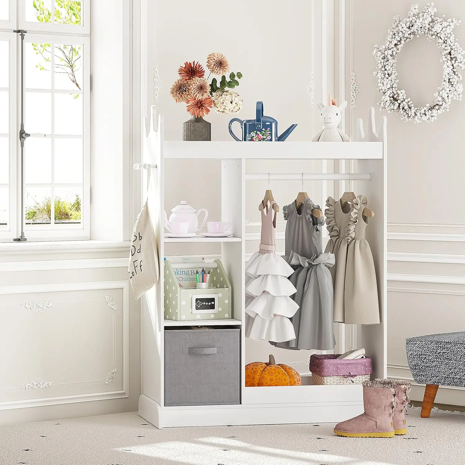 Kids Play Armoire with Mirror, Storage Bins and Closet for Dress Up and Costumes (White) 6