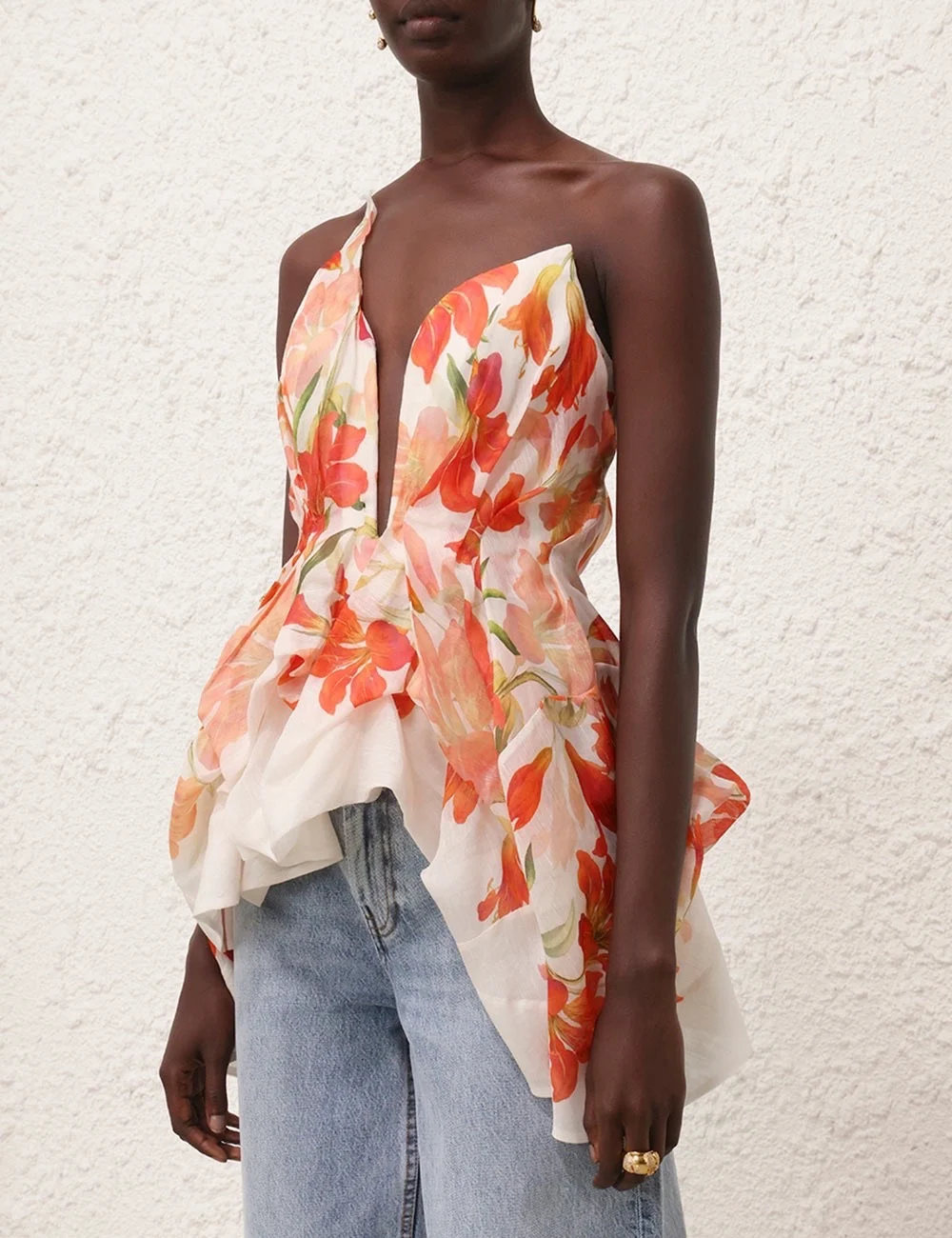 

2024 New Collection Top Quality Red Lily Floral Print Draped Hem Sleeveless Tube Blouse Top