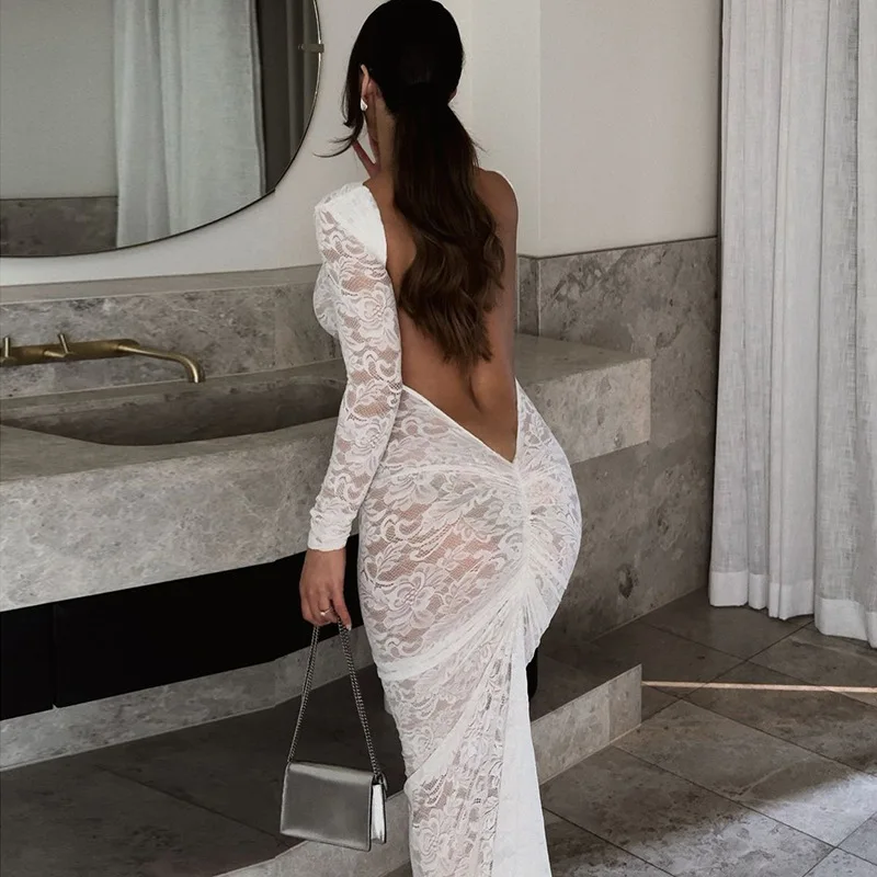 White Lace Backless Long Dress For Women See-Through High Waist Printed Slim Solid Hollow Out Dress Women's Party Dress