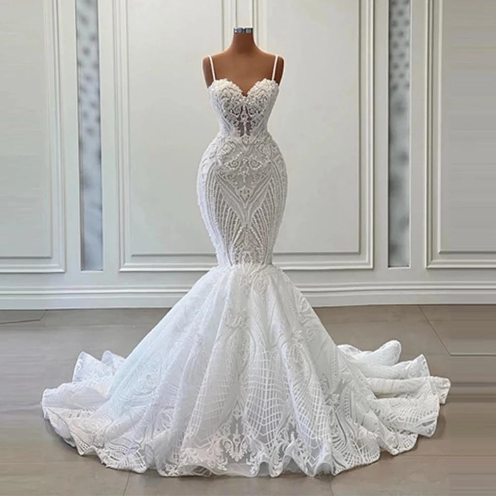Magnifici abiti da sposa che bordano perle sirena graziosa cinghia per spaghetti appliques pizzo abiti da sposa lunghi cerniera personalizzata - immagine 2
