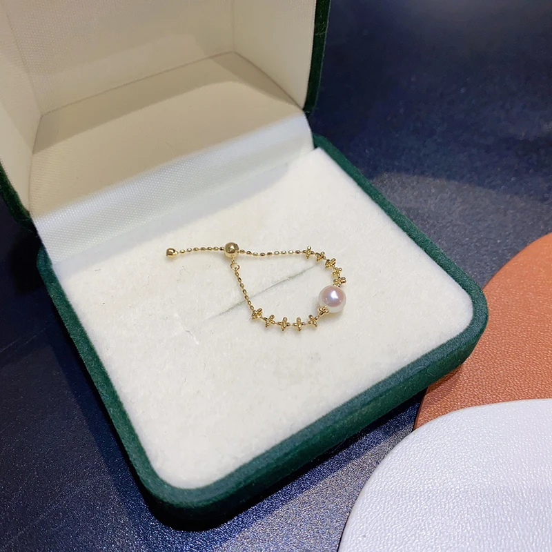 KUGG 18K Yellow Gold Rings 5mm Real Natural Akoya Pearl Adjustable Chain Design Exquisite Jewelry Gift for Women Anniversary