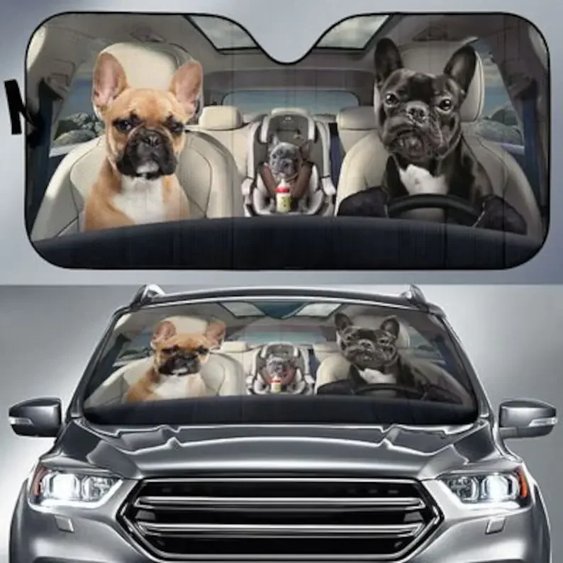 

Three French Bulldogs Safe And Driver Auto Sun Shade Windshield Sunshade, Custom Animal Pattern Sunshade,