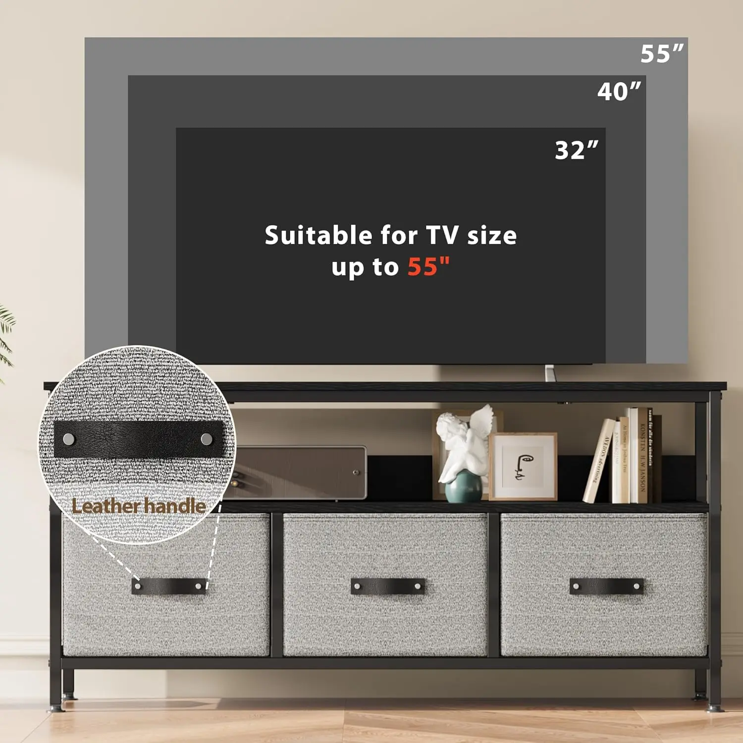 55" Dresser-Style TV Stand with 3 Drawers, Compact Entertainment Center with Storage for Living Room/Bedroom – Black/Grey