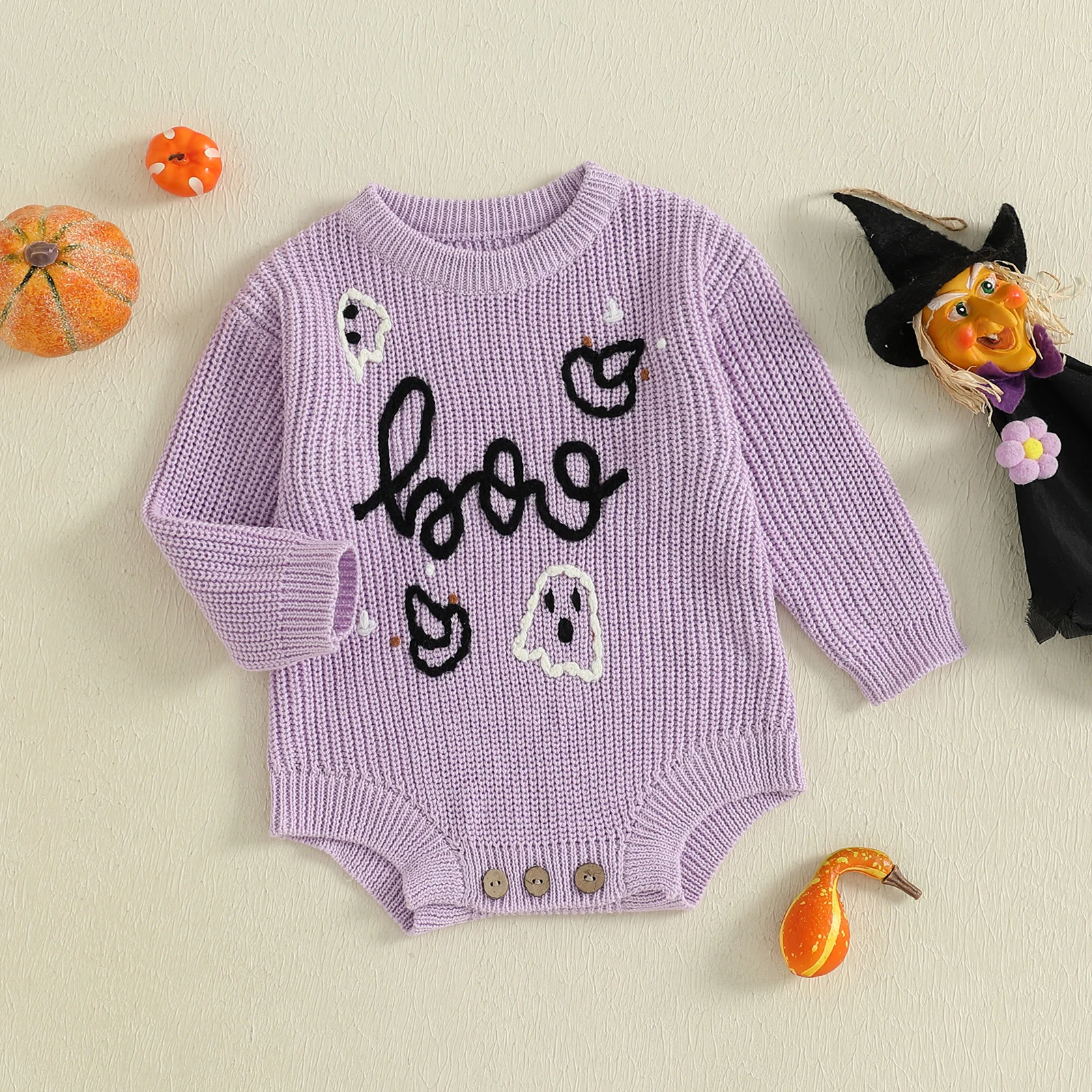 FOCUSNORM 0-12M 소년 소녀 할로윈 스웨터 Romper 5 색 유령 편지 수 놓은 Crewneck 긴 소매 점프 슈트