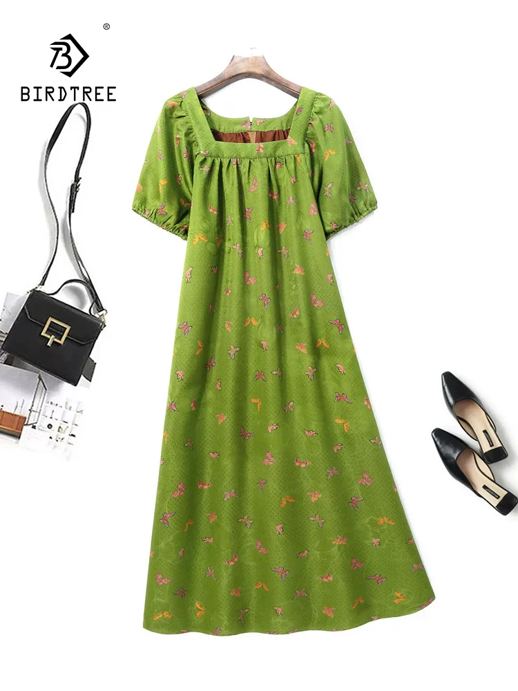 

BirdTree, 32MM Silk Watered Gauze Elegant Dress, Women Short Sleeve Butterfly, Retro Loose Dresses, 2024 Summer Fall D46763QC