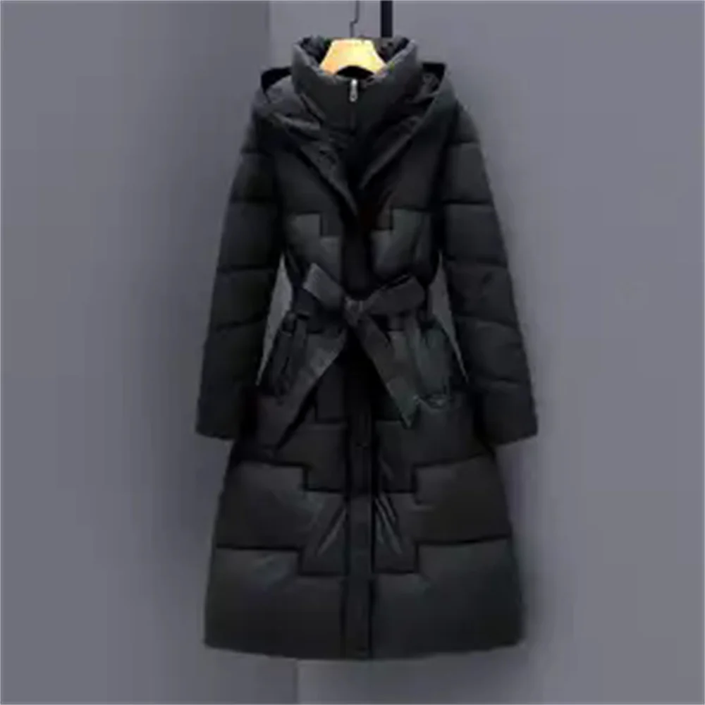 Long Knee Length Down Cotton Jacket for Women's Clothing in Winter 2025, New Hooded Waist Cinching and Slim Cotton Jacket, Thick