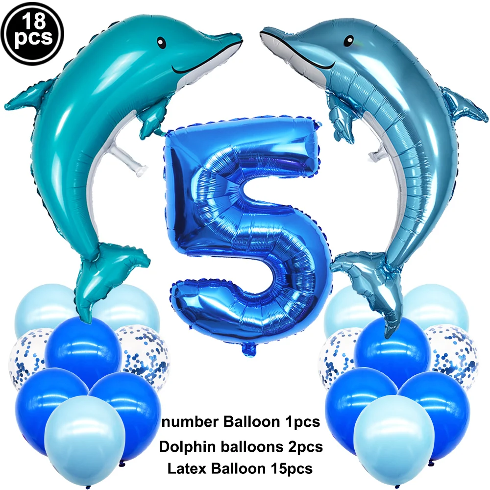 18 Stück Delphin-Luftballons, blau, 32 Zoll, Zahlen, Ballon, 1. Geburtstag, Dekoration für Kinder, Jungen, Meerestiere, Thema, Geburtstagsparty-Zubehör