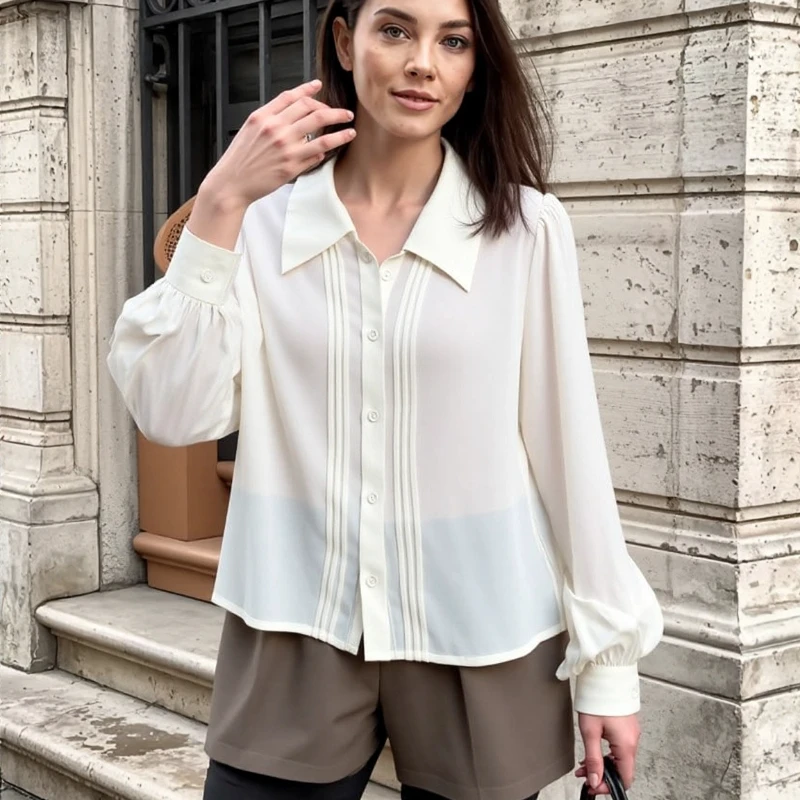 French Style Turn Down Collar White Shirt for Women Thin Tops Vintage Long Puff Sleeve Loose Clothes New Spring 2025 801