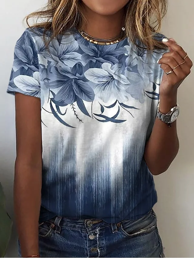 

Women's T-shirt Floral Graphic O Neck Short Sleeve Fashion Casual Printed Tee Shirts Elegant Summer Female Clothes Street Top