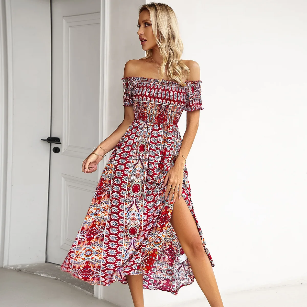 

Slim Fashion Bohemian Slit Robe Women's Casual Dress Summer 2024 Slash-neck Print Bare Shoulder Short Sleeve Midi Dress Vestidos