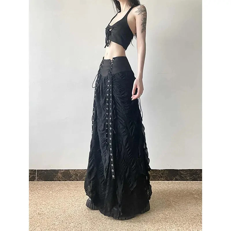 MEXZT Y2K Lace Mesh Long Skirt Women Harajuku Vintage Patchwork Bandage Black Skirts Gothic Aesthetic High Waist Chic Faldas New 2