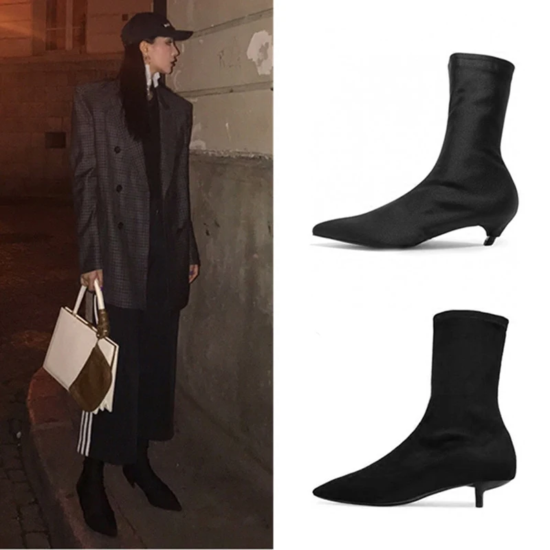 

Autumn and Winter Thin Heel Pointed Short Boots Women's Cat Heel Elastic Sock Boots Martin Boots and Naked Boots