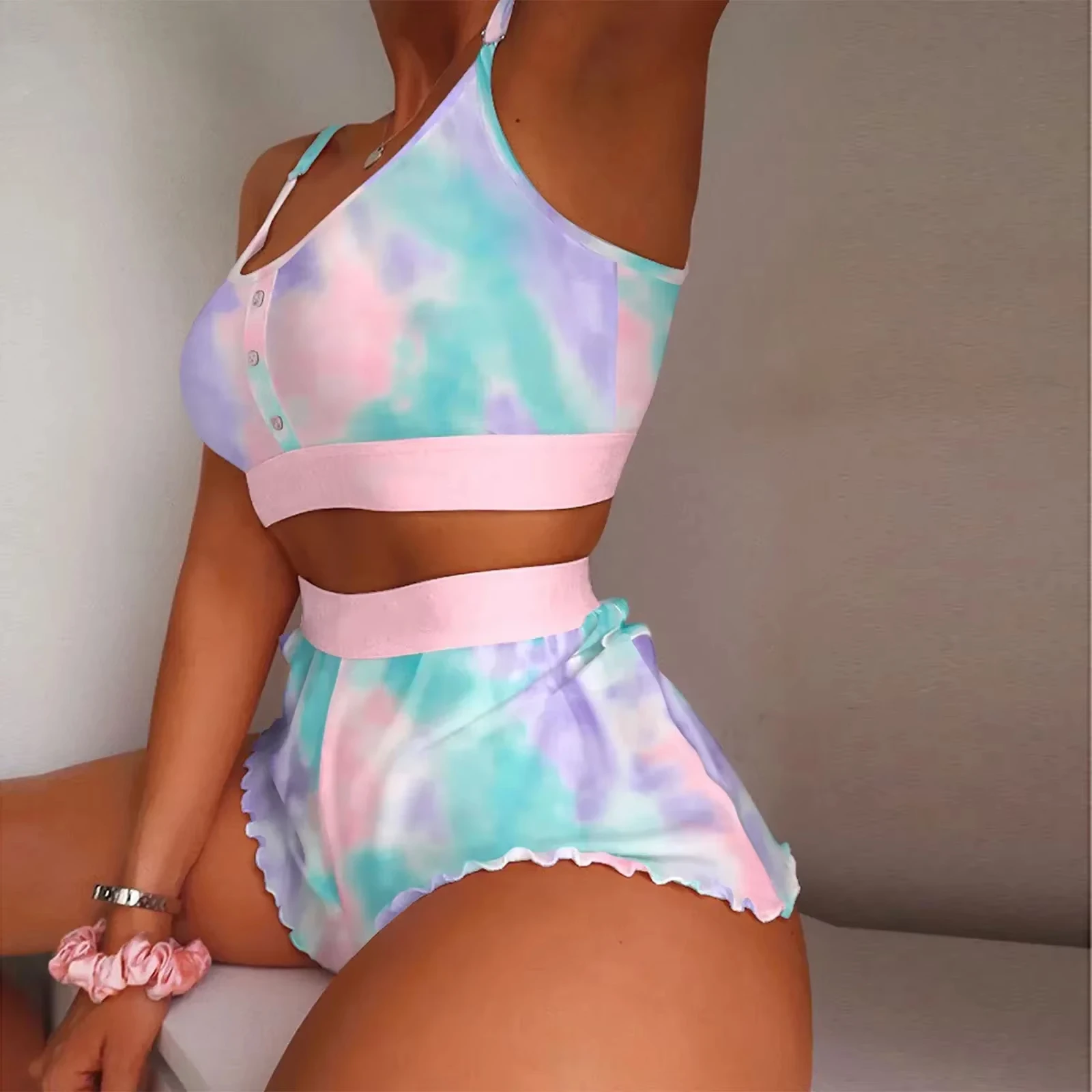 2025 New Women Sleepwear Lips Butterfly Print Home Suspended Pajamas Set Vest Bra Top Short Nightwear Lingerie Women's Nightgown