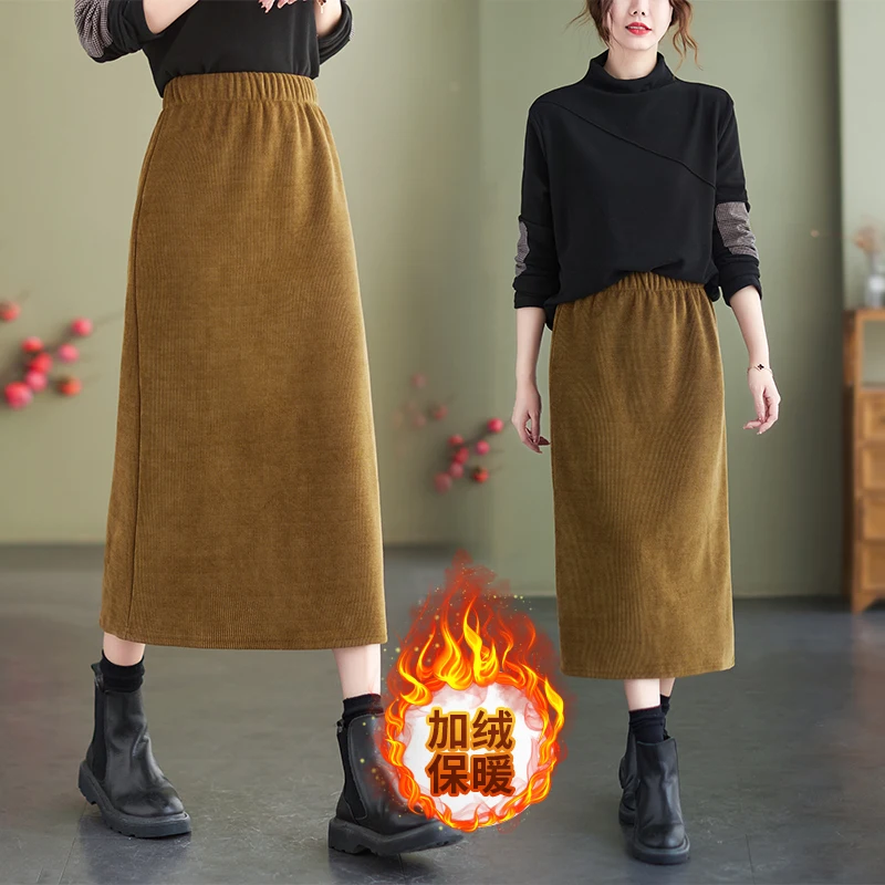 

Autumn Winter Corduroy Velvet Thick Skirt Slit Elastic Vintage Womens Korean Fashion High Waist Midi Long A-Line Female