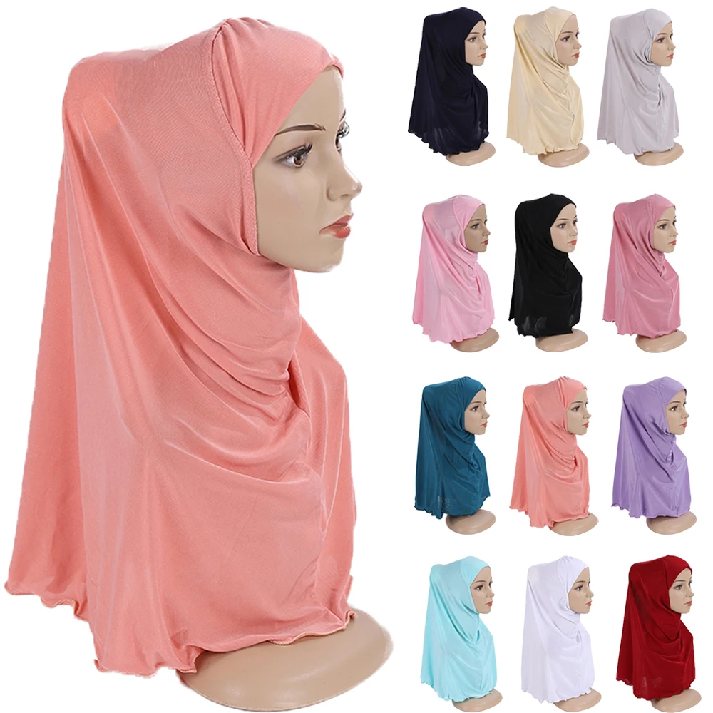 

7-12Y Muslim Pull On Instant Hijab Kids Girls Scarf One Piece Amira Islamic Headscarf Ramadan Prayer School Child Headwrap Caps