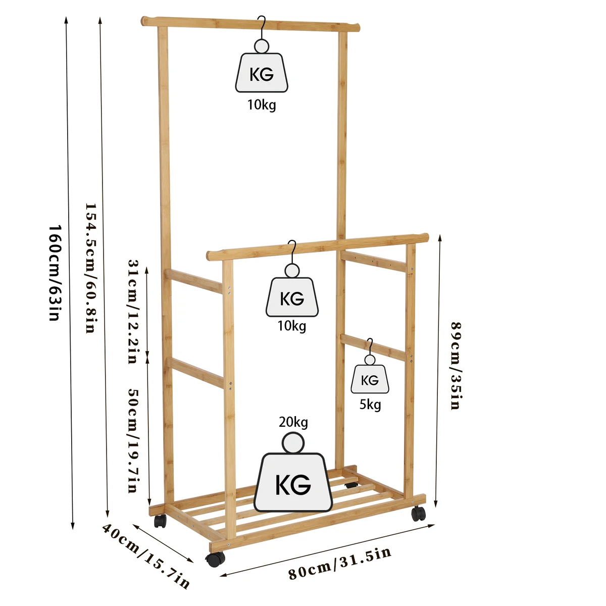 Rolling Clothes Hanging Rack with Double-Rod Wooden Garment Stand with Wheels — view 2