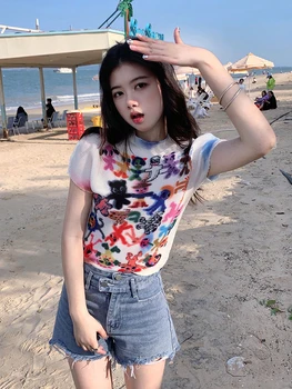 تي شيرت نسائي بأكمام قصيرة مطبوع عليها رسومات ، هاراجاكو ، تي شيرت على الموضة الكورية ، ملابس علوي ، ملابس الشارع العتيقة ، رقبة دائرية ، الصيف ، Y2k 4