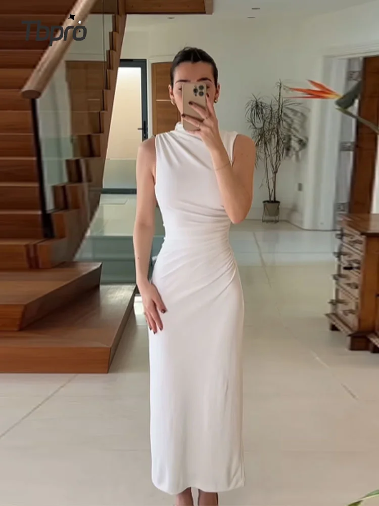 Elegant Chic White Sleeveless Dress For Women Fashion O Neck Pleated Bodycon Midi Dresses 2024 Summer Female Party Club Robes