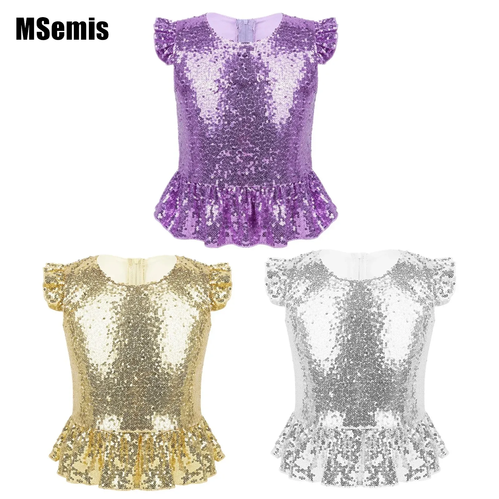 Girls Tank Tops Kids Girls Shiny Sequins Mermaid Crop Top Short Flutter Sleeve Peplum Top Ruffle Hem Sparkly Tank Summer Vest for Carnival Party