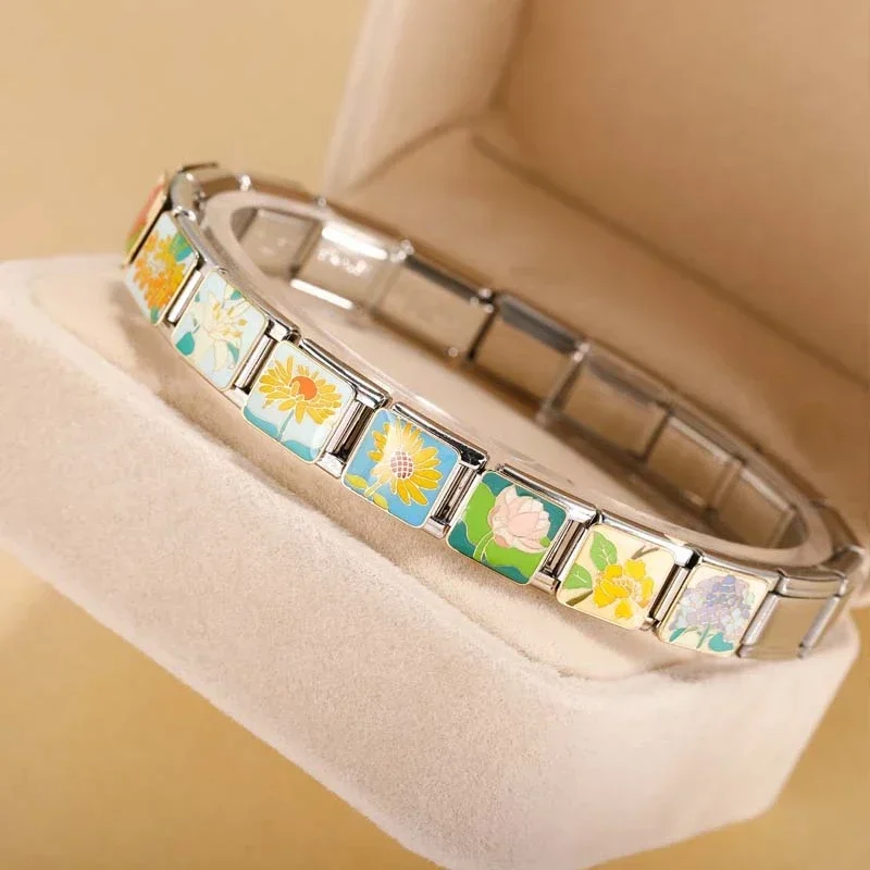 Italian charm bracelet Hapiship Flower Charm Italian Links 9mm Stainless Steel Bracelet Making DIY Jewelry DJ1137