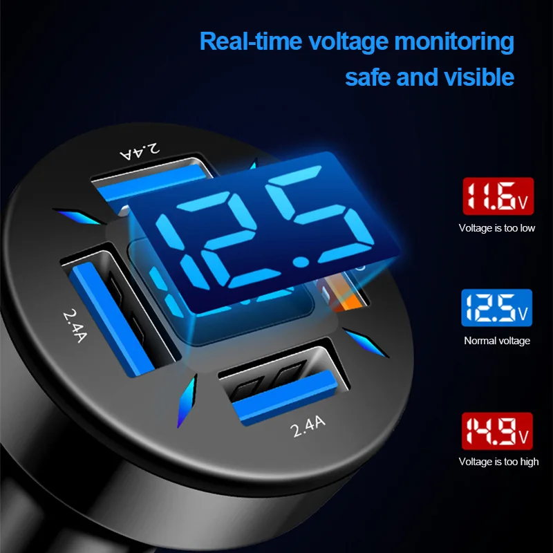 Car Charger Quick Charge Cigarette Lighter Adapter 4 Port USB A USB C Fast Charging for iPhone Xiaomi
