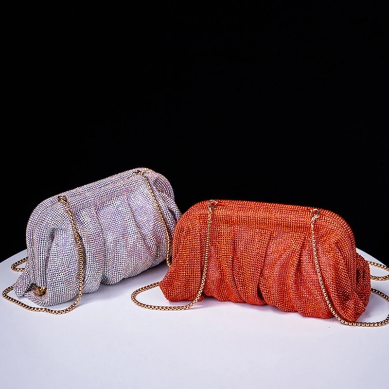 Wedding Clutch Lady Purse Rhinestone Shoulder Bag Women Girl Pleated Chain Bags for Party Cocktail Banquet Crossbody Bag