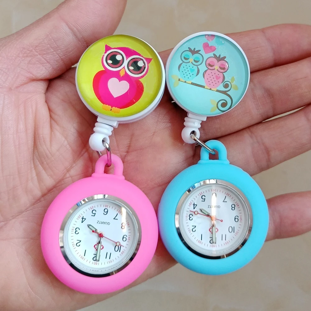 Cute Owl Cartoon Retractable Nurse Doctor Silicone FOB Pocket Watches  Hospital Medical Hang Gift Badge Reel Clip Quartz Clock