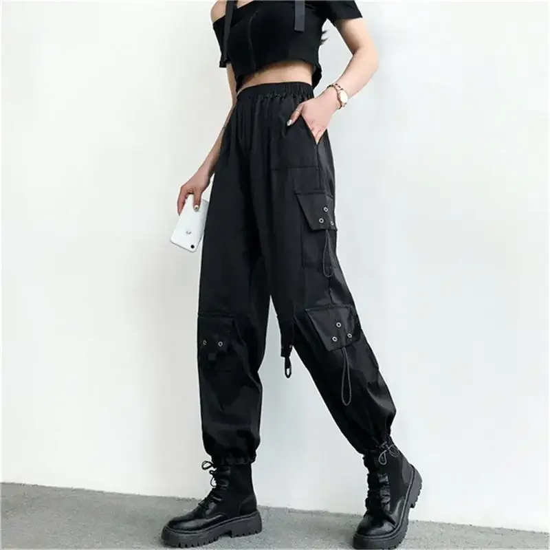 

Womens Loose Pants Summer Harajuku Middle-waisted Streetwear Women Jogger Elasticity Drawstring Fashion Buckle Pocket