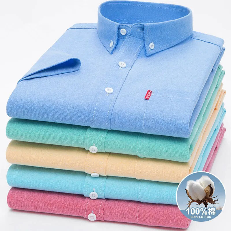 BAMBBOPLE Men's Summer Shirts Short Sleeve 100% Cotton Luxury Oxford White Yellow Red Business Formal Dress Shirt Big Size 5XL