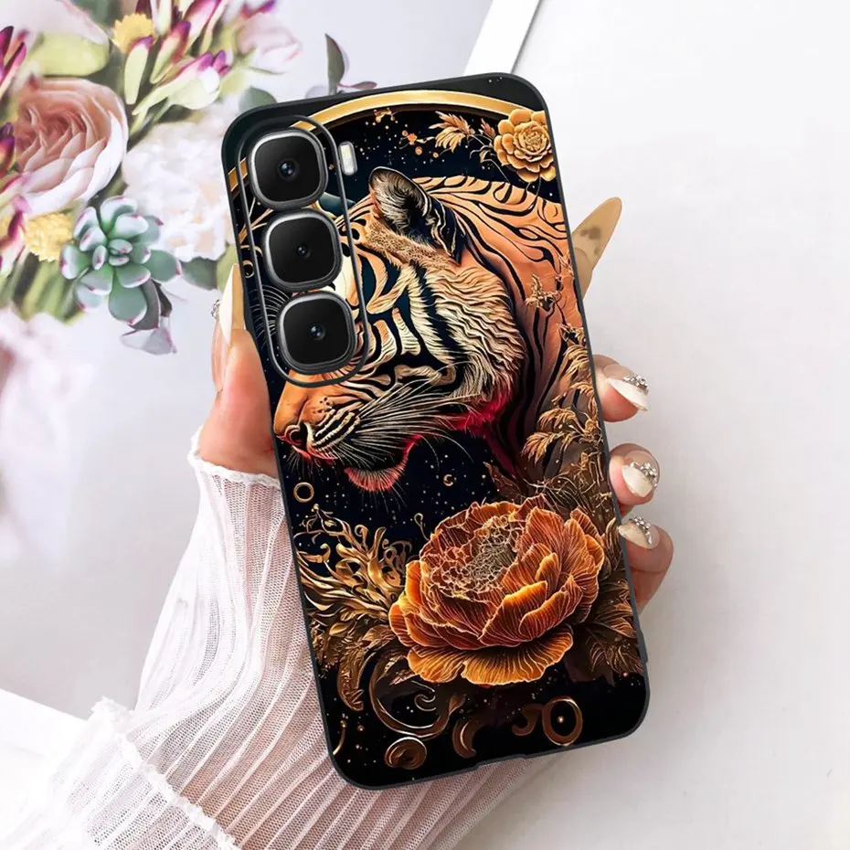 Enhanced Black Silicone Soft Phone Case with Cool Dragon, Wolf, and Tiger Design