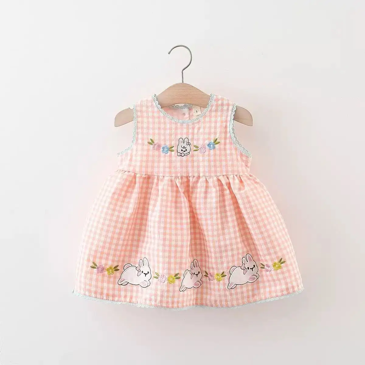 2026 Summer Baby Girl Sleeveless Dress Cute Bunny Duck Embroidery Gingham Princess Dress 0-4Y Girls Soft Casual Party Dress 3