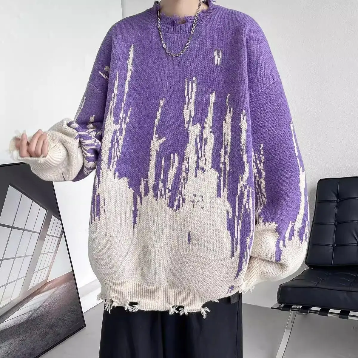 

Winter New Destructive Design Round Neck Knitted Sweater for Men and Women Loose Fashion Brand Lazy Couple Pullover