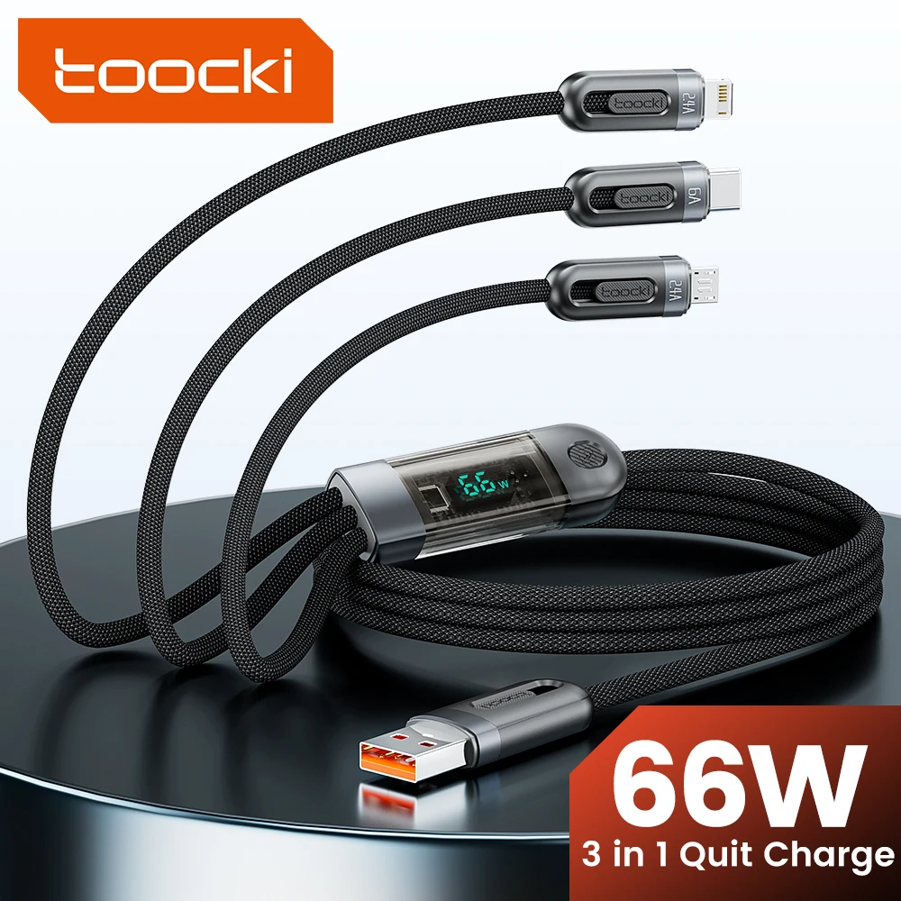 

Шнур Toocki 3 в 1 с цифровым дисплеем, USB-кабель Micro USB Тип C, 66 Вт, быстрая зарядка для iPhone 15 14 Samsung S23 Xiaomi Huawei