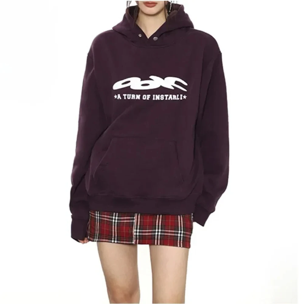 2023 Winter Women's Vintage Long Sleeve Letter Print Sweatshirts American Retro Hooded Warm Female Fashion Loose Fit Top