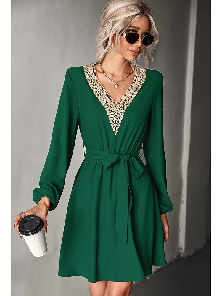 Fashion Women's New Stitching Lace V Neck Shirt Long Sleeve Lace Up Dresses Casual Woman Slim Summer Temperament Office Dresses 