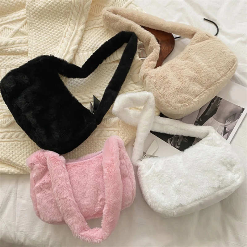 

Simple Design Femme Soft Plush Shoulder Bags Winter Furry Ladies Clutch Purse Handbag Fashion Female Underarm Bag