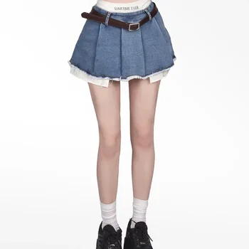 Fake Two Pieces Denim Skirts with Lining Women Mini Summer Chic Sexy Girls Preppy Ulzzang Ins Pleated Irregular Y2k Streetwear