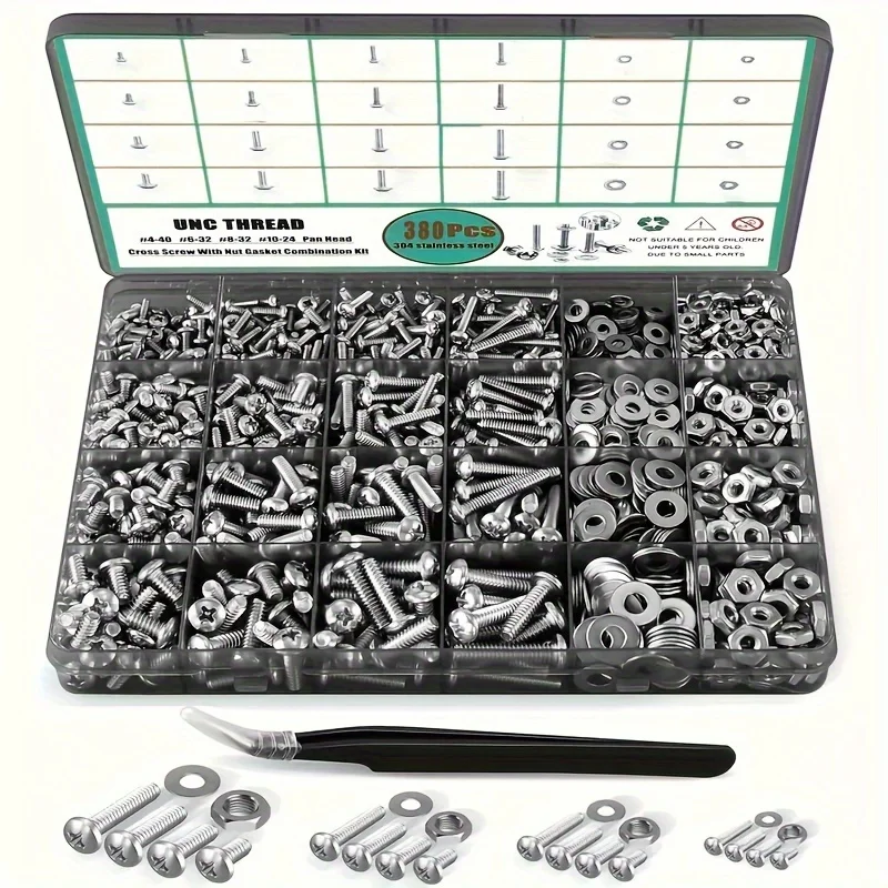 380pcs Stainless Steel Fasteners Anti-Corrosion Hex Nuts & Bolts Set With Storage Case Phillips Pan Head Flat Washers Sizes