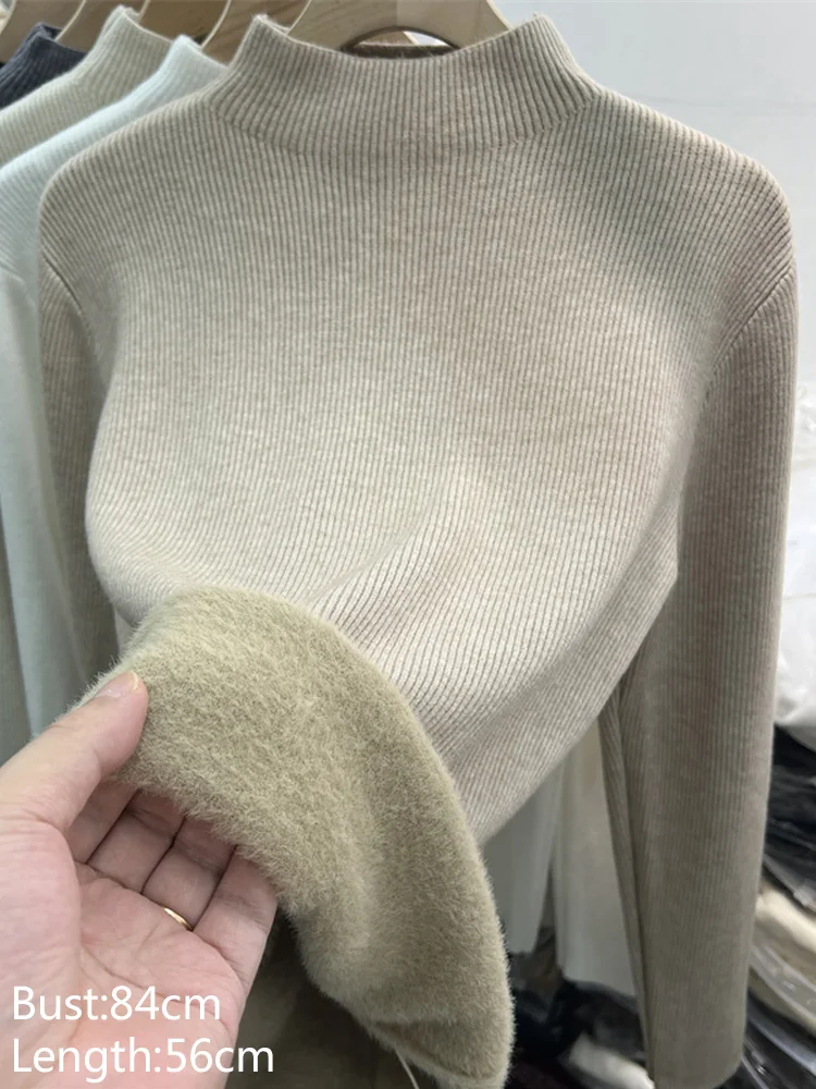 Autumn and Winter New Women's Long-sleeved Sweater Semi-turtleneck Integrated Fleece Knitwear Solid Color Bottoming Top