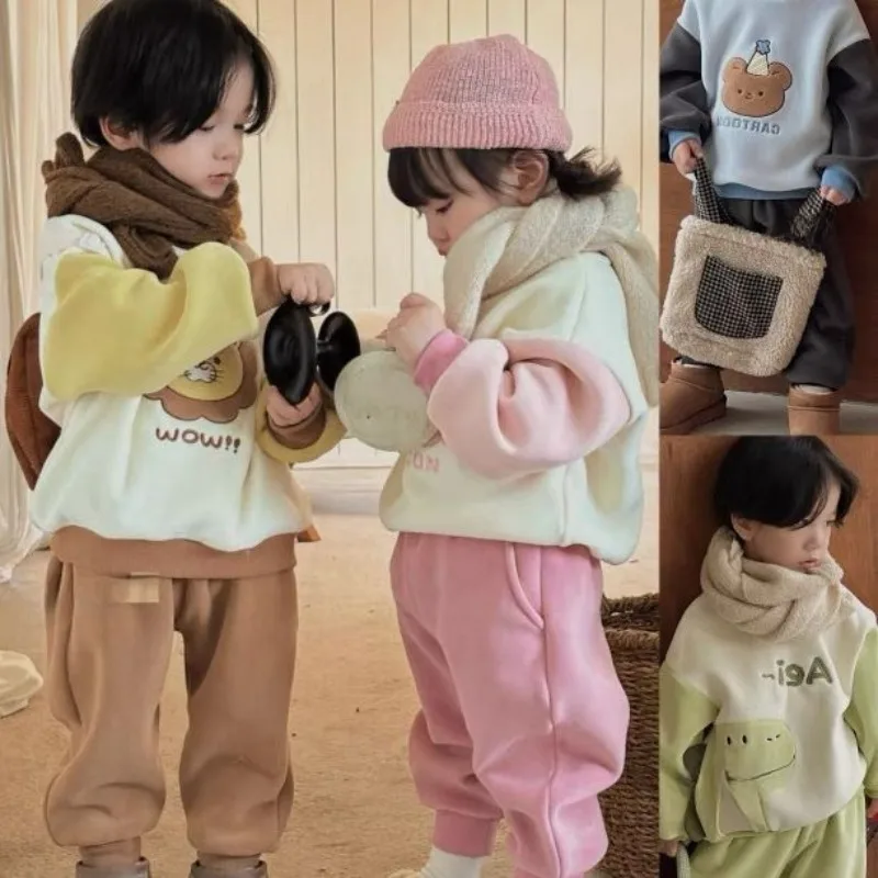 

Brother Sister Clothes Set Cartoon Cute Casual Outfits Boy Clothes Set Winter Polar Fleece Pullover Set with Pants for Boy