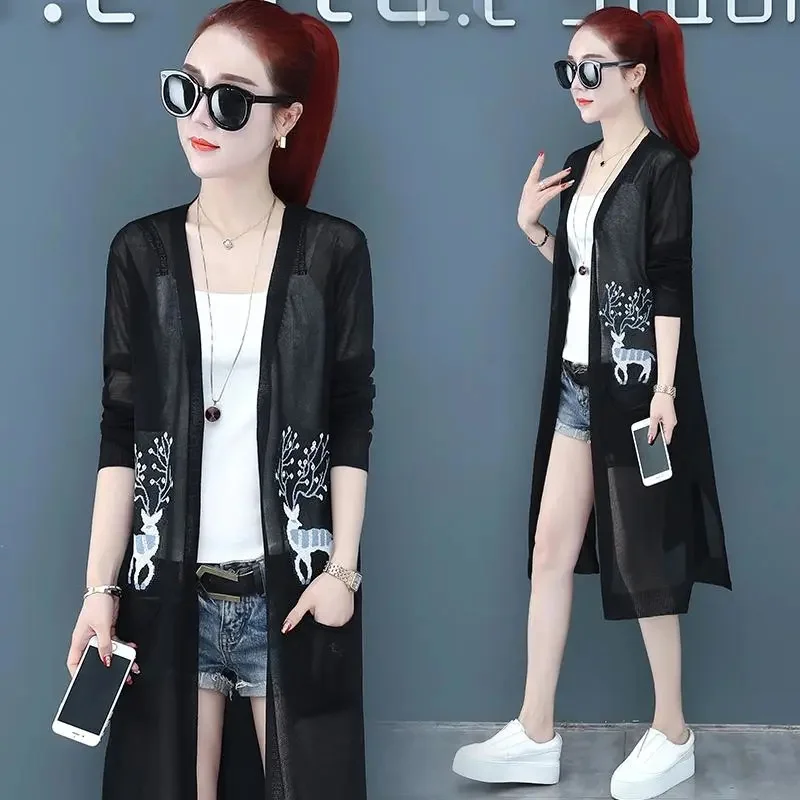

Ice Silk Cardigan With Women's Mid-length Knitted Shawl Jacket Sunscreen Summer 2022 New Female Coat Thin Air-Conditioning Shirt