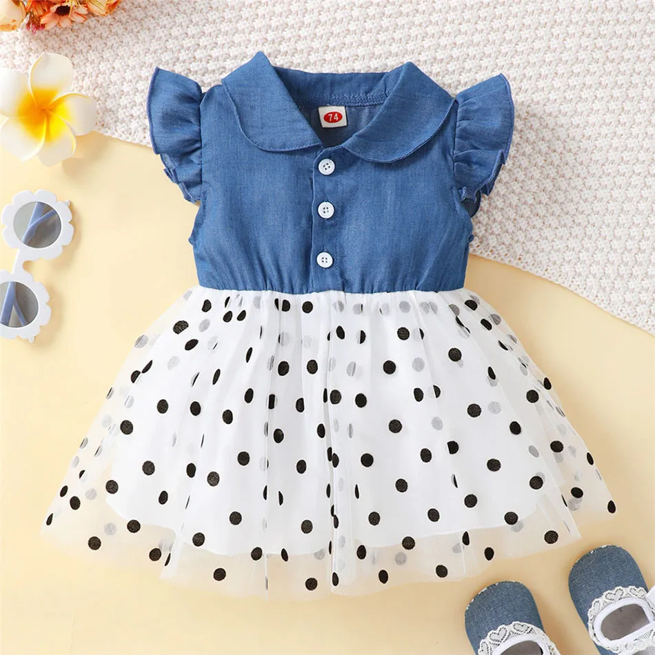 

Summer Girls Casual Dresses New Korean Version Sleeveless Patchwork Comfortable and Cute Polka Dot Printed Cotton Princess Dress