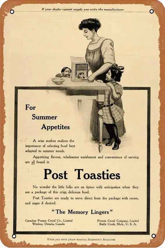 

1911 Ad Post Toasties хлопьевые фартуки Мама Дети воспоминания детские завтраки HM1 оловянный знак Ретро кухня ресторан ванная комната люди Cav