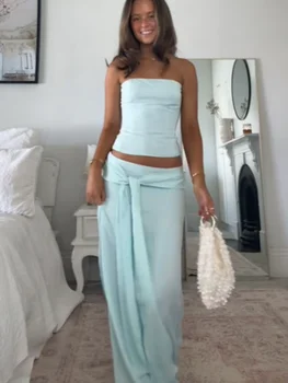Solid Thin Skirts Set for Women Lace Up Strapless Tight Top Low Waist Straight Skirt 2026 NEW Summer Vacation Party Lady Outfit 1