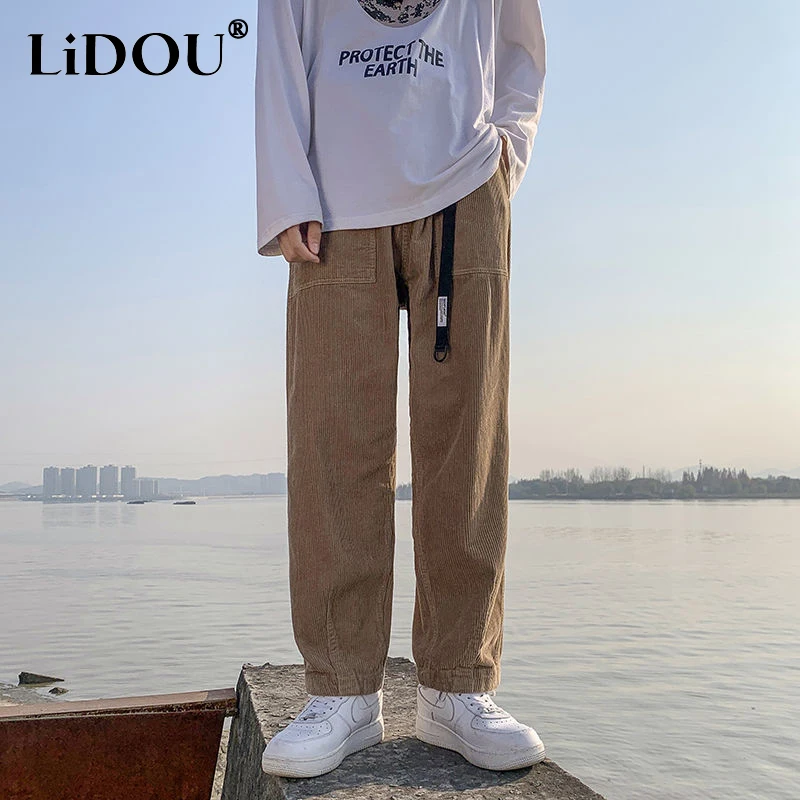 

Japanese Style Vintage Solid Color Pocket Corduroy Wide Leg Trousers Man Elastic Waist High Street Casual Loose Straight Pants