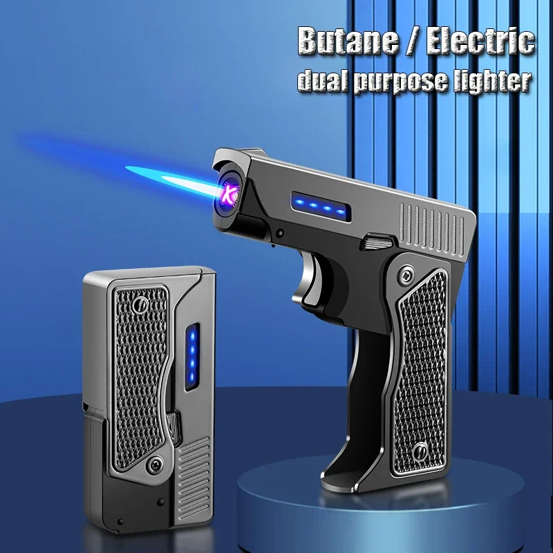 Butane Gas Lighter Windproof Gas-Electric Plasma Type C USB Rechargable Folding Gun Turbo Jet Flame Cigar