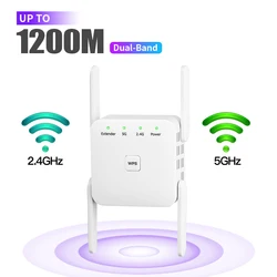 Dual-Band WiFi Signal Amplifier & Extender - AC1200 Long-Range Wireless Booster - US Plug (5Ghz Repeater)