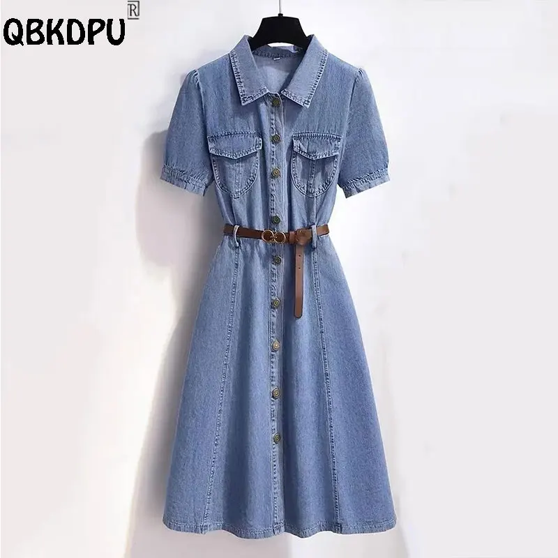 Women Belt Long Summer Denim Dress Korean Fashion Short Sleeved Jean  Dresses French Style Lapel Single Breasted Cowboy Vestidos