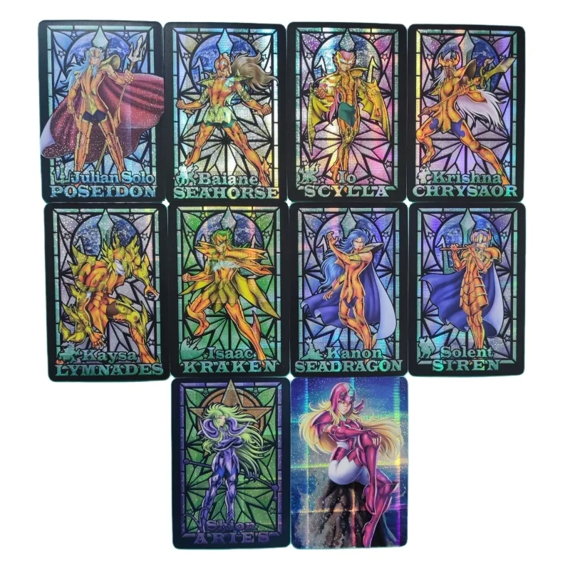 

10pcs/set Saint Seiya Sea Warrior Animation Characters Poseidon Stained Glass Flash Card Classics Anime Collection Cards Toy