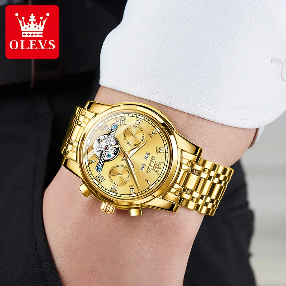 OLEVS 6607 Automatic Mechanical Watch for Men Stainless Steel Strap Waterproof Date Calendar Skeleton Wristwatch Classic